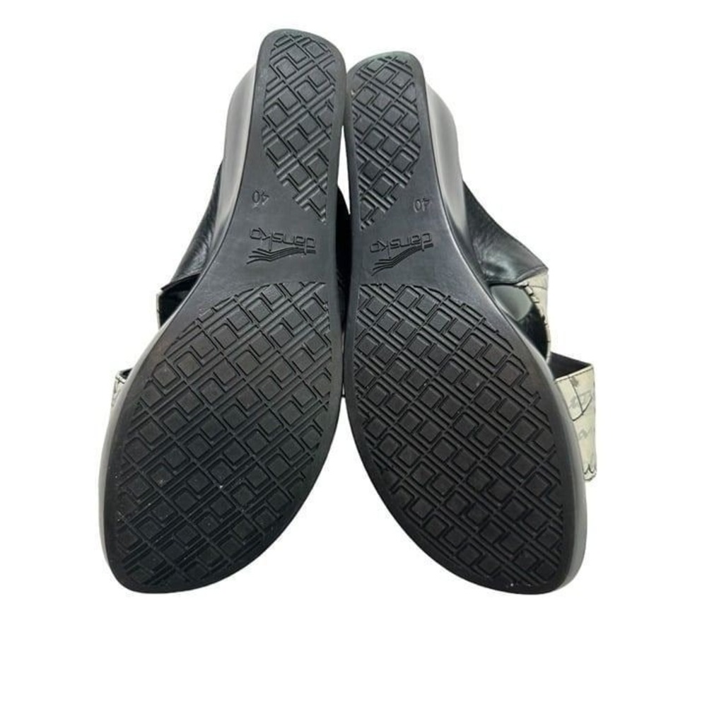 Dansko Women Script Print Wedge Sandals Black White Leather Cross Strap Slide 40 - Picture 4 of 9